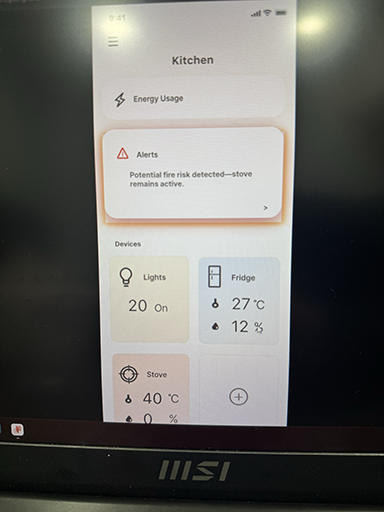 With this condition under the receive trigger I also connected it to the ON and OFF text that I was struggling with and it was also working and switching to ON when the sensor was picking up light and OFF when it was not. After I got the light notification working I decided to test the stove next. I applied the same idea with the condition under the receive trigger that would make an alert show up if the stove temperature was above 38. Since the stove is more serious than the light I wanted to have two different kinds of alerts. For the stove it would have urgent alerts that would have a red hazard sign and the phone would vibrate letting the user know it is more serious. And just like the light alert the stove alert worked too.      