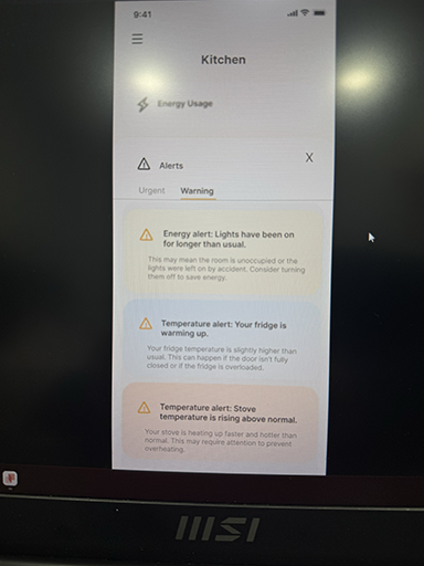 After some user testing it was brought to my attention that it would be helpful to have a description of what each alert meant to give more context to the user and guide them on how to solve the issue. For this page it shows the user all the warning alerts they can get and it is color coded to match the devices.      